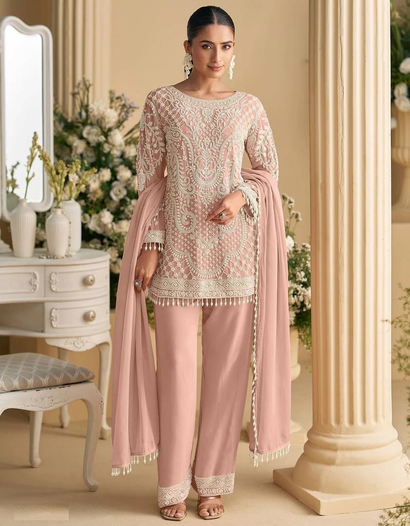 Peach georgette embroidered suit semi stitched