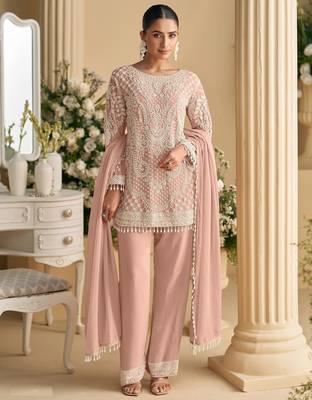 Peach georgette embroidered suit semi stitched 2