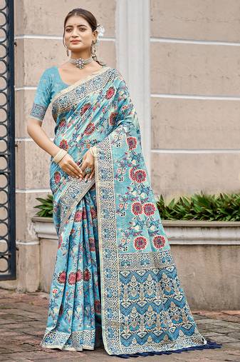 sky blue cottan silk blend with meena woven work traditional saree