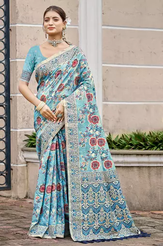 sky blue cottan silk blend with meena woven work traditional saree
