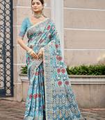 sky blue cottan silk blend with meena woven work traditional saree