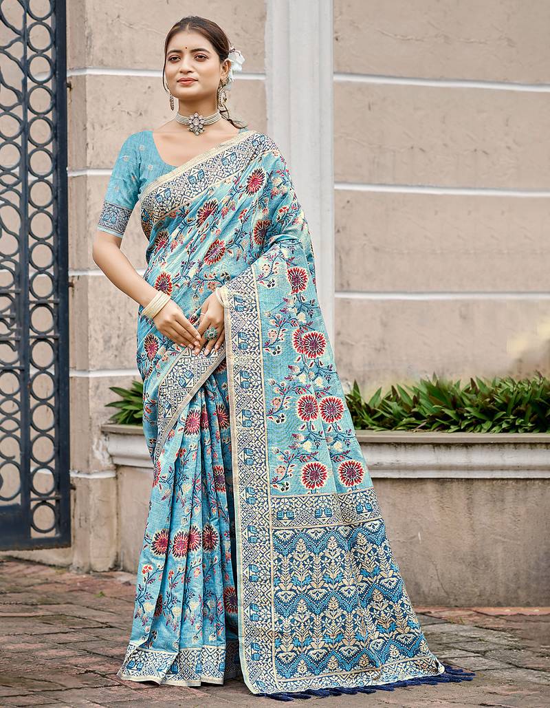 sky blue cottan silk blend with meena woven work traditional saree