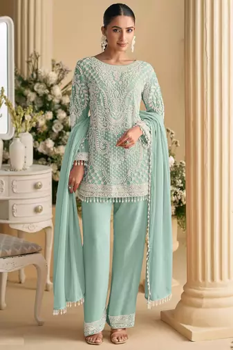 Sea green georgette embroidered suit semi stitched
