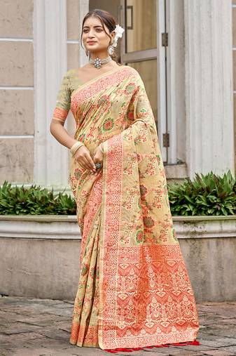 cream cottan silk blend with meena woven work traditional saree