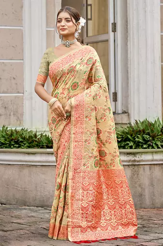 cream cottan silk blend with meena woven work traditional saree
