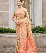 cream cottan silk blend with meena woven work traditional saree