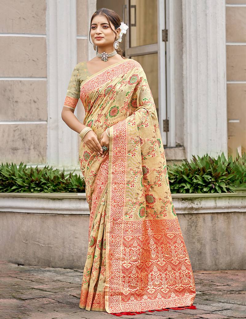 cream cottan silk blend with meena woven work traditional saree