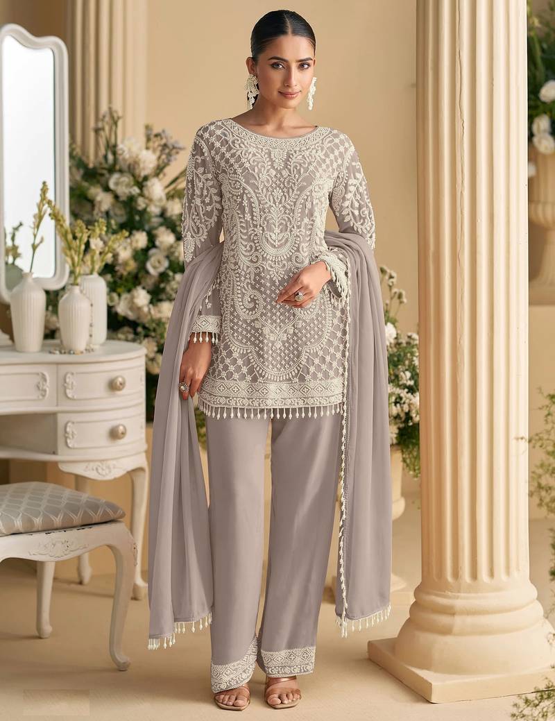 Grey Georgette Embroidered Suit