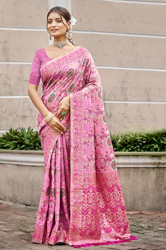 pink cottan silk blend with meena woven work traditional saree