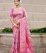 pink cottan silk blend with meena woven work traditional saree