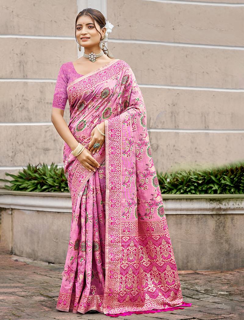 pink cottan silk blend with meena woven work traditional saree