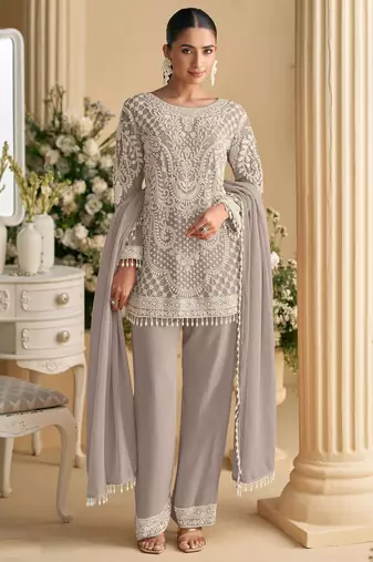 Grey Georgette Embroidered Suit