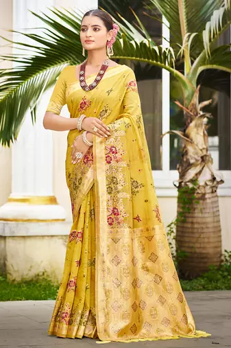 yellow cottan silk blend with meena woven work traditional saree