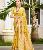 yellow cottan silk blend with meena woven work traditional saree