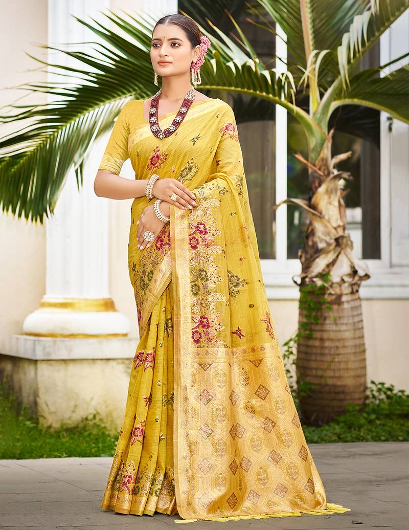 yellow cottan silk blend with meena woven work traditional saree