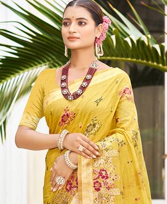 yellow cottan silk blend with meena woven work traditional saree 2