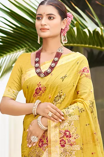 yellow cottan silk blend with meena woven work traditional saree