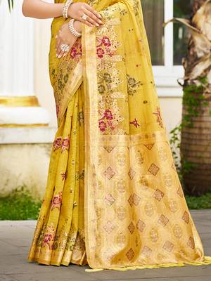 yellow cottan silk blend with meena woven work traditional saree 3