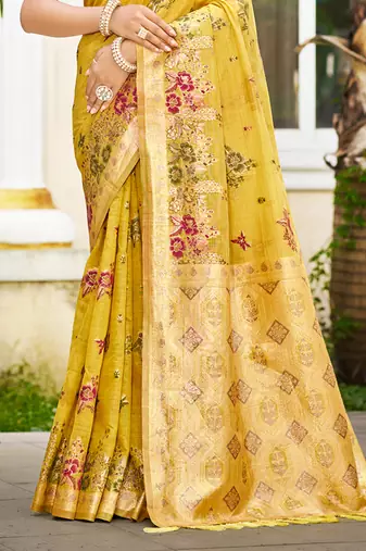 yellow cottan silk blend with meena woven work traditional saree
