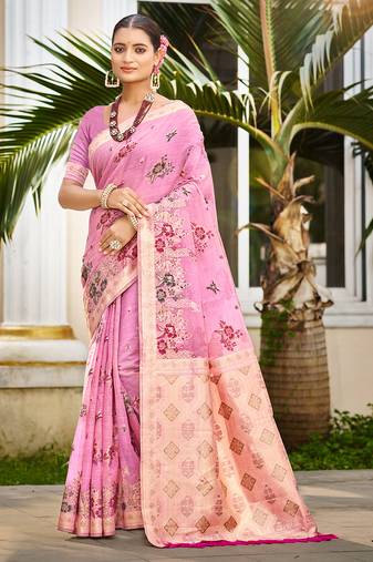 pink cottan silk blend with meena woven work traditional saree