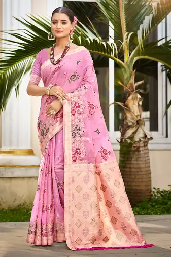 pink cottan silk blend with meena woven work traditional saree