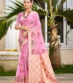 pink cottan silk blend with meena woven work traditional saree