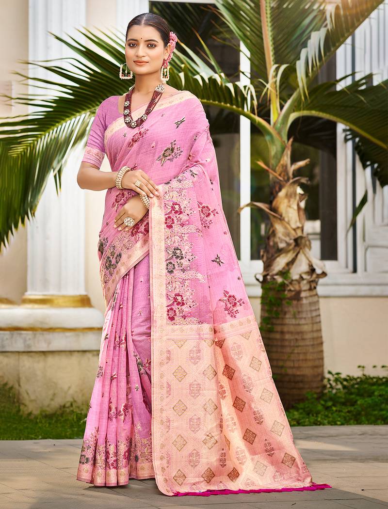 pink cottan silk blend with meena woven work traditional saree