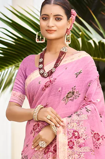 pink cottan silk blend with meena woven work traditional saree
