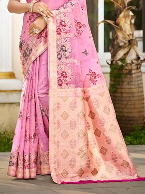 pink cottan silk blend with meena woven work traditional saree 3