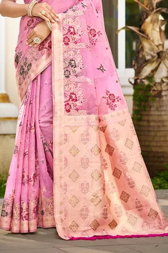 pink cottan silk blend with meena woven work traditional saree