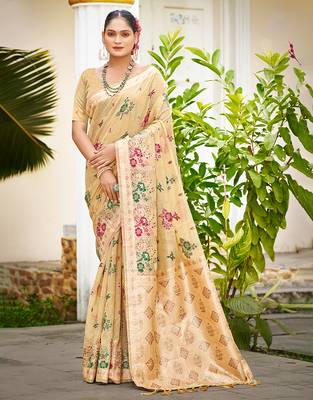 beige cottan silk blend with meena woven work traditional saree 1