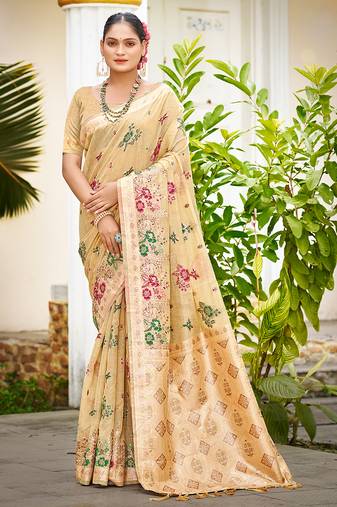 beige cottan silk blend with meena woven work traditional saree