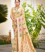 beige cottan silk blend with meena woven work traditional saree