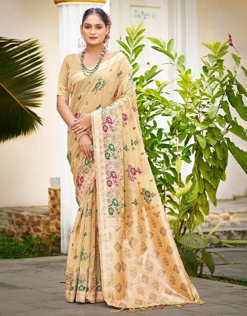 beige cottan silk blend with meena woven work traditional saree
