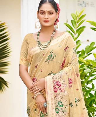 beige cottan silk blend with meena woven work traditional saree 2