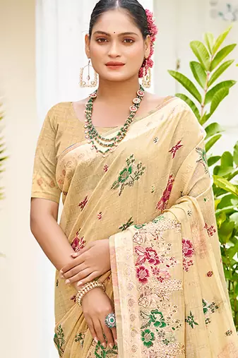 beige cottan silk blend with meena woven work traditional saree