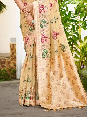 beige cottan silk blend with meena woven work traditional saree 3