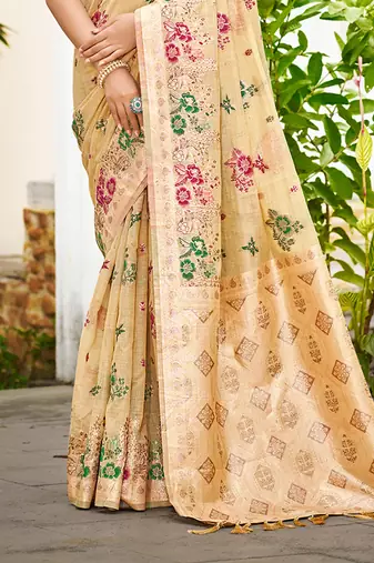 beige cottan silk blend with meena woven work traditional saree