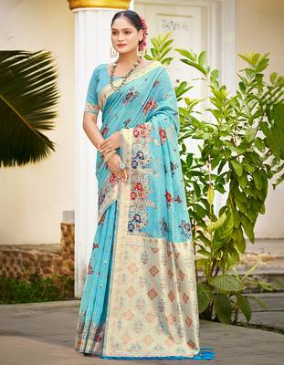 sky blue cottan silk blend with meena woven work traditional saree 1