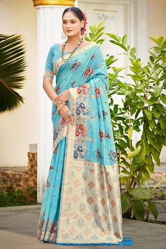 sky blue cottan silk blend with meena woven work traditional saree