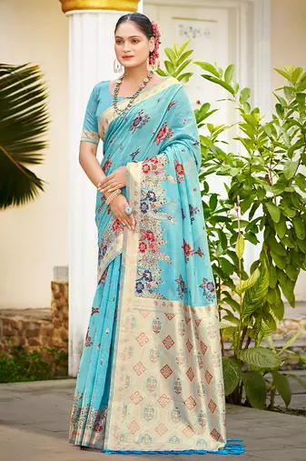 sky blue cottan silk blend with meena woven work traditional saree