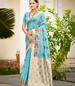 sky blue cottan silk blend with meena woven work traditional saree