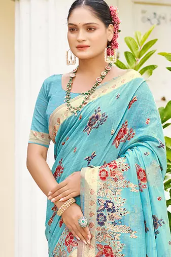 sky blue cottan silk blend with meena woven work traditional saree