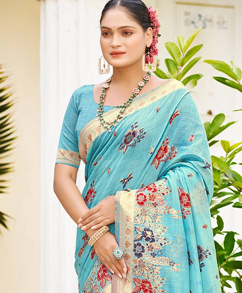 sky blue cottan silk blend with meena woven work traditional saree