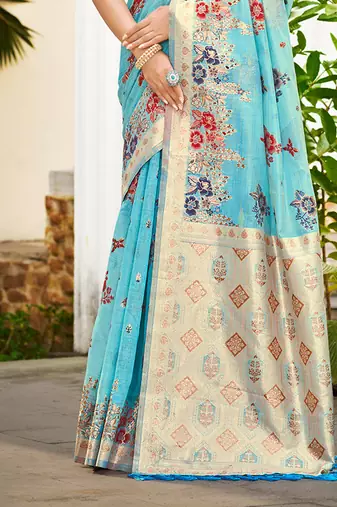 sky blue cottan silk blend with meena woven work traditional saree
