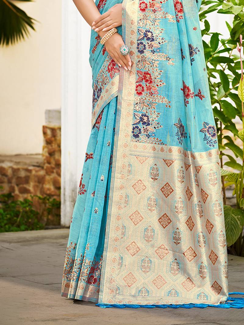 sky blue cottan silk blend with meena woven work traditional saree
