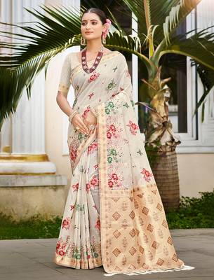 off-white cottan silk blend with meena woven work traditional saree 1