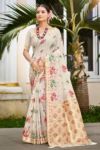 off-white cottan silk blend with meena woven work traditional saree
