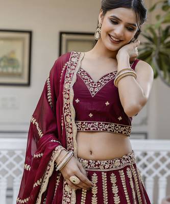Art Silk Embroidery with Golden Sequin work Lehenga Choli with Dupatta - Bridal Choli for Women 8