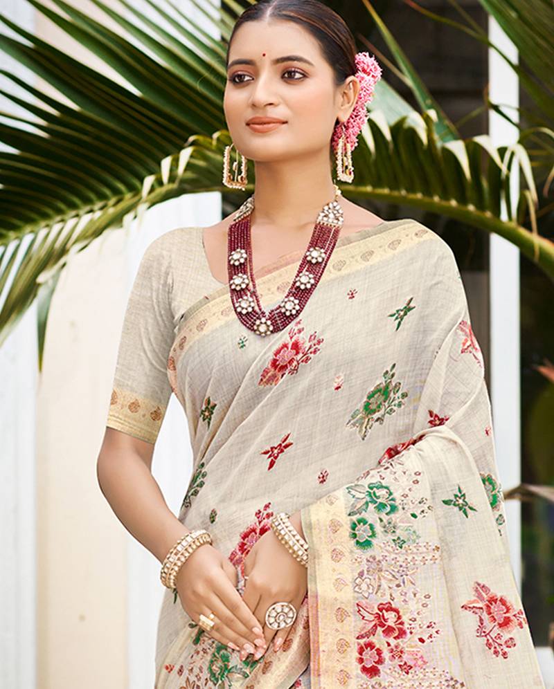 off-white cottan silk blend with meena woven work traditional saree